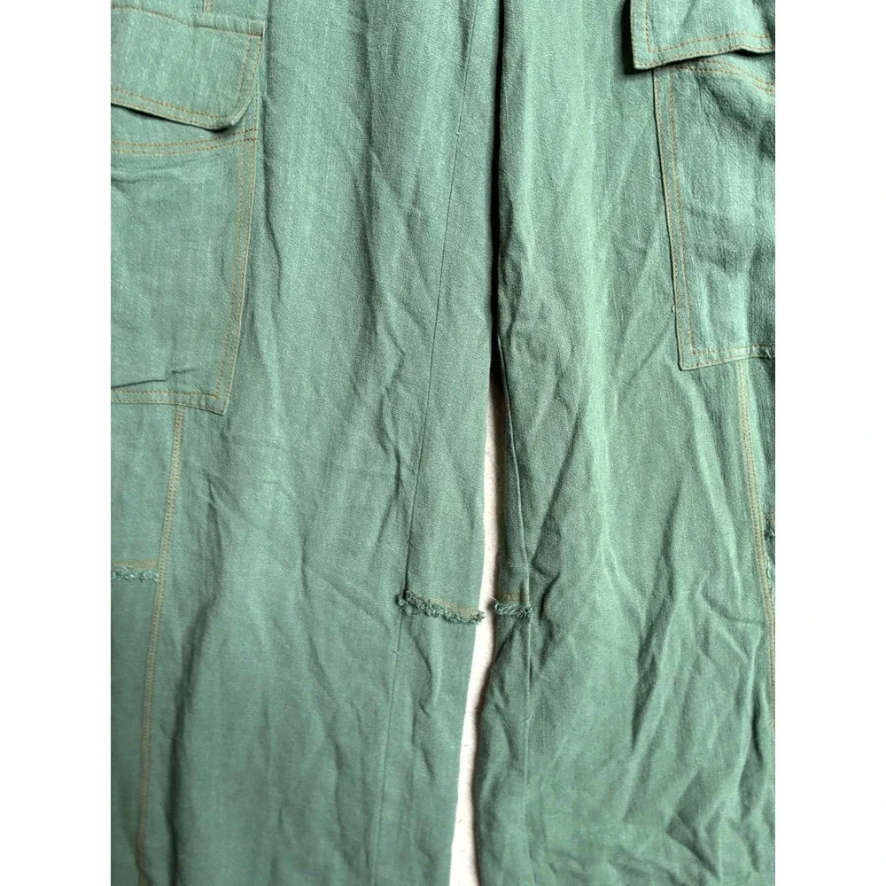 Umgee Linen Blend Cargo Pants Women Small Green Reg Fit Frayed Hem High Waisted